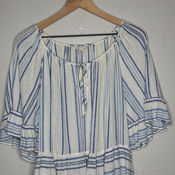 Cato Womens Blouse Large White Blue Gold Striped Boho‎ Ruffle Coastal Nautical - Picture 5 of 9